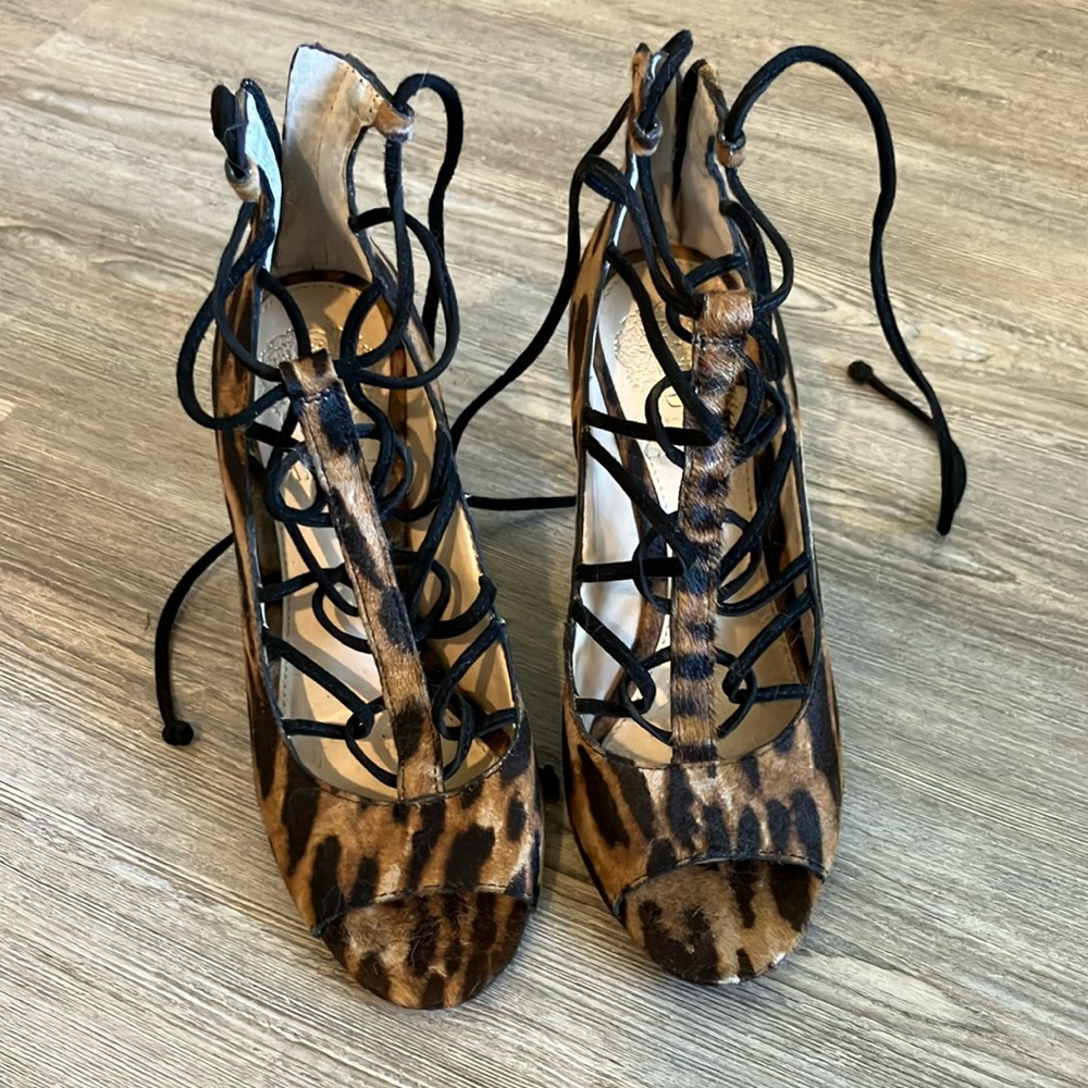 Vince Camuto Leopard Print Heels with Crisscross Straps and High Heel